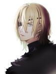  1boy armor black_armor black_fur blonde_hair blue_eyes commentary_request dimitri_alexandre_blaiddyd dimitri_alexandre_blaiddyd_(timeskip) emcgame eyepatch fire_emblem fire_emblem:_three_houses hair_behind_ear hair_between_eyes highres looking_at_viewer looking_back male_focus medium_hair one_eye_covered sanpaku simple_background solo upper_body white_background 