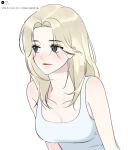  1girl blonde_hair brown_eyes closed_mouth commentary_request kaya_(one_piece) korean_commentary korean_text long_hair looking_to_the_side medium_hair one_piece ppyobong11 simple_background solo tank_top translation_request upper_body white_background white_tank_top 
