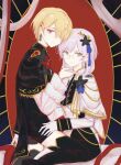  2girls absurdres blonde_hair cape glasses green_eyes grey_hair hair_ornament hair_over_one_eye hair_over_shoulder hairclip hand_on_another&#039;s_thigh heaven_burns_red highres izumi_yuki_(heaven_burns_red) kayamori_ruka leg_between_thighs long_hair multiple_girls official_alternate_costume one_eye_covered red_eyes round_eyewear scorpio95715391 short_hair yuri 