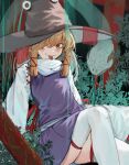  1girl blonde_hair blush highres long_hair long_sleeves looking_at_viewer moriya_suwako purple_skirt purple_vest pyonta shirt sitting skirt smile snake thighhighs thighs tongue tongue_out torii touhou vanilla_flan vest white_shirt white_snake white_thighhighs yellow_eyes 