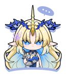  ... 1girl black_collar black_dress blonde_hair blue_eyes blue_hair breasts bright_pupils cartethyia_(wuthering_waves) collar commentary crown_of_thorns dog-san dress dual_persona earrings fleurdelys_(wuthering_waves) floating_earrings highres holding horns jewelry large_breasts long_horns looking_at_viewer parted_bangs pointy_ears sidelocks single_horn solo spoken_ellipsis straight-on symbol-only_commentary white_pupils wuthering_waves yellow_horns 
