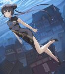  1girl absurdres black_boots black_hair blue_archive boots breasts china_dress chinese_clothes dolri double_bun dragon_print dress full_body hair_bun halo high_heels highres kisaki_(blue_archive) long_hair short_sleeves small_breasts solo twintails very_long_hair white_halo 