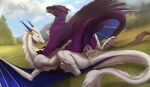 absurd_res animal_genitalia animal_penis anus black_claws black_horn blue_horn blue_wings bodily_fluids by_dream claws cloud collar cowgirl_position cum cum_drip cum_in_genital_slit cum_in_slit cum_inside cum_on_crotch dragon dripping duo ejaculation erection european_mythology feathered_wings feathers feral feral_on_feral field fluffy fluffy_tail from_front_position fur furred_dragon furred_scalie genital_fluids genital_slit genitals gold_accents hi_res horn maita_aikon_(zikeny) male male/male mythological_creature mythological_scalie mythology nails on_bottom on_top paws penetration penis penis_tip pink_penis plant purple_body purple_fur scaled_dragon scalie sex slit_penetration slit_penis slit_play spread_legs spreading tail tail_anus tapering_penis thick_tail tree western_dragon white_body wings wyvern wyvusk