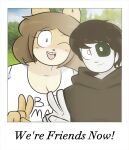2023 ambiguous_gender anthro black_clothing black_hair black_hoodie black_topwear blue_eyes brown_hair canid canine canis closed_smile clothing digital_drawing_(artwork) digital_media_(artwork) domestic_dog duo english_description female fur gesture grey_body grey_skin hair hand_gesture happy_ending hi_res hoodie human josh_macready june_(jinu) looking_at_viewer mammal mouth_closed one_eye_closed open_mouth open_smile photo photo_background photography_(artwork) shiba_inu shirt smile spitz story story_in_description t-shirt tan_body tan_fur text text_on_clothing text_on_t-shirt text_on_topwear topwear v_sign white_clothing white_shirt white_t-shirt white_topwear wink winking_at_viewer wkeeble12