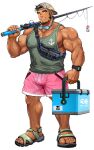  1boy bara biceps black_hair blonde_hair cooler earrings eyewear_around_neck facial_hair fanny_pack fishing_rod full_body goatee green_sandals green_tank_top grin jewelry kiloc_(live_a_hero) large_pectorals live_a_hero male_focus male_swimwear multicolored_hair muscular muscular_male official_art pectorals pink_male_swimwear ring sandals smile solo suamaru tank_top thick_eyebrows toes transparent_background two-tone_hair veins veiny_hands watch wristwatch 