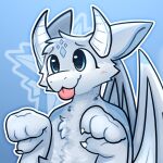 1:1 2_horns 4_fingers ambiguous_anthro ambiguous_gender anthro back_wings big_ears blep blue_body blue_eyes blue_fur blush bust_portrait cheek_tuft chest_tuft claws curved_horn diamond_(marking) dragon eyebrows facial_markings facial_tuft finger_claws fingers folded_wings forehead_markings front_view fur furred_dragon furred_scalie geometric_background head_horn head_markings hi_res horn markings mythological_creature mythological_scalie mythology outline pivoted_ears portrait scalie simple_background solo tongue tongue_out tuft ultrakawa unknown_artist white_claws white_outline winged_dragon wings