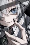  1girl absurdres black_bow black_nails blue_dress blue_eyes bow bowtie braid buttons collared_shirt commentary_request dagger dress fang fingernails green_bow green_bowtie grey_hair hair_bow hair_over_one_eye highres hisha_(kan_moko) holding holding_dagger holding_knife holding_weapon izayoi_sakuya knife long_fingernails looking_at_viewer nail_polish open_mouth shirt short_hair smile solo teeth touhou twin_braids weapon white_shirt 