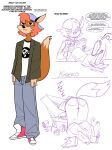 2022 anthro backwards_hat biped black_nose blue_clothing blue_hat blue_headwear bottomwear brady_van_wilder butt canid canine clothed clothed_anthro clothed_male clothing crossed_ankles denim denim_bottomwear denim_clothing dialogue dipstick_tail duo english_text feet food footwear fox fur hair hat headgear headwear hi_res humanoid_feet jacket jeans kimberco male mammal markings mouth_closed pants pizza plantigrade shirt shoes soles solo_focus speech_bubble standing tail tail_markings talking_to_another tan_body tan_fur tan_tail_tip text topwear