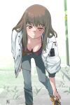  1girl boots breasts brown_eyes buckle buttons collarbone commentary_request covered_nipples downblouse highres holster jacket kikumaru_bunta kiruko_(tengoku_daimakyou) leaning_forward long_hair looking_at_viewer medium_breasts military_jacket no_bra open_clothes open_jacket outdoors pants revision shoelaces smile solo tengoku_daimakyou united_states_air_force white_jacket zipper 