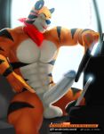 abs anthro balls barazoku blue_nose driving fingers foreskin franubis frosted_flakes fur genitals hi_res humanoid_genitalia humanoid_penis hyper kellogg&#039;s male mascot mostly_nude muscular muscular_male nude pecs penis smile solo striped_body striped_fur stripes tony_the_tiger truck vehicle