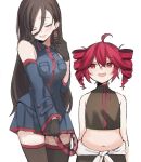  2girls ahoge bare_shoulders belt black_gloves black_hair black_shirt black_skirt breasts butcher_vanity_(synthesizer_v) buttons closed_eyes clothes_around_waist collared_shirt cosplay costume_switch crop_top detached_sleeves drill_hair earrings gloves hair_between_eyes height_difference jacket jacket_around_waist jewelry kasane_teto large_breasts looking_at_another multiple_girls navel open_mouth pleated_skirt plump pocket red_belt red_eyes red_hair red_trim shirt simple_background skirt smile synthesizer_v tsui55 twin_drills unfinished utau vimalion_pro white_background white_jacket yi_xi_(synthesizer_v) 