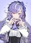  1girl absurdres ahoge ascot black_nails bow bowtie center_frills commentary_request frills gem hairband heart heart_hands highres long_hair looking_at_viewer mole mole_under_eye pointy_ears purple_ascot purple_bow purple_bowtie purple_gemstone purple_hair purple_hairband qingcha red_eyes shrug_(clothing) smile upper_body vivian_banshee white_shrug zenless_zone_zero 