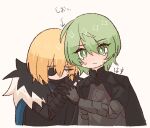  2boys armor black_armor black_cape black_fur blue_cape cape closed_eyes cropped_torso crying crying_with_eyes_open diamond_(shape) dimitri_alexandre_blaiddyd dimitri_alexandre_blaiddyd_(timeskip) eyepatch fire_emblem fire_emblem:_three_houses fur_trim gorget green_hair grey_background hasu_lolot head_down holding_hands male_byleth_(enlightened)_(fire_emblem) male_byleth_(fire_emblem) male_focus multiple_boys one_eye_covered parted_bangs short_hair simple_background tears translation_request white_fur 