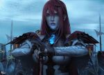  1girl armor army banner battle_standard black_gloves blue_fire elizabeth_rose_bloodflame elizabeth_rose_bloodflame_(1st_costume) fire fire_on_chest gloves highres hololive hololive_english outdoors overcast pike_(weapon) polearm red_eyes red_hair red_nails single_glove sky solo_focus steb thorn_(elizabeth_rose_bloodflame) virtual_youtuber war_banner weapon 