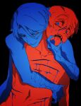 2boys :d arm_around_waist black_background bleeding blood blue_eyes blue_hair clone dual_persona forced_smile grabbing_another&#039;s_stomach grin highres hug hug_from_behind injury limited_palette looking_at_another multiple_boys multiple_scars nude original palette_swap par0llel red_eyes red_hair scar scar_on_stomach short_hair smile spot_color wide-eyed 