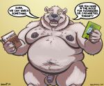 2024 anthro bear belly big_belly casual_nudity cinephile english_text flaccid front_view fur genitals happy_birthday hi_res humanoid_genitalia humanoid_penis male mammal movie_case musclegut muscular nanoff navel neck_rolls nipples nude open_mouth overweight overweight_anthro overweight_male penis polar_bear question simple_background solo speech_bubble talking_to_viewer teeth text ursine white_body white_fur yellow_background yellow_eyes
