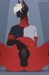 anthro balls black_balls black_body black_clothing black_fur black_shirt black_t-shirt black_topwear blue_eyes bottomless closed_smile clothed clothing dragon fangs finger_in_foreskin foreskin front_view fur furred_dragon furred_scalie genitals grey_penis hair hi_res humanoid_genitalia humanoid_penis looking_at_viewer male mouth_closed mythological_creature mythological_scalie mythology narrowed_eyes penis presenting presenting_penis rayliicious red_body red_fur red_sclera sam_(masonparker) scalie shirt short_hair smile solo t-shirt teeth topwear white_clothing white_hair white_shirt white_t-shirt white_topwear