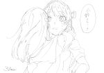  2girls assassin_(pencilblood76) braid commentary_request completion_time dollchestra greyscale hair_ribbon half_updo hasu_no_sora_school_uniform highres hug kachimachi_kosuzu lineart link!_like!_love_live! long_hair love_live! monochrome multiple_girls murano_sayaka open_mouth puffy_short_sleeves puffy_sleeves ribbon sailor_collar school_uniform short_sleeves side_braids simple_background speech_bubble summer_uniform translation_request upper_body virtual_youtuber white_background 