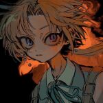 1boy aqua_eyes aqua_ribbon aqua_vest bare_shoulders blonde_hair collared_shirt earrings eyelashes fiery_background final_fantasy final_fantasy_ix fire floating_hair jewelry looking_to_the_side looking_up low_ponytail male_focus nayo_(kr_000515) neck_ribbon ponytail portrait ribbon shirt shoulder_belt solo white_shirt zidane_tribal 
