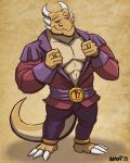 4:5 abs anthro bottomwear clothing dragon hi_res horn male multi_horn mythological_creature mythological_scalie mythology nanoff pants pecs purple_bottomwear purple_clothing purple_pants red_clothing red_eyes ring scalie solo