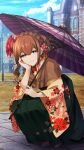  1girl archived_source black_shoes blue_eyes braid brown_capelet brown_hair building capelet closed_mouth cloud cloudy_sky day floral_print floral_print_kimono flower full_body game_cg green_hakama green_skirt hair_between_eyes hair_flower hair_ornament hakama hakama_skirt hand_on_own_cheek hand_on_own_face head_rest highres holding holding_umbrella huke japanese_clothes kimono long_skirt looking_at_viewer makise_kurisu official_alternate_costume official_alternate_hairstyle official_art outdoors parasol print_kimono purple_umbrella shoes short_hair skirt sky smile solo squatting steins;gate third-party_source umbrella wide_sleeves yellow_kimono 