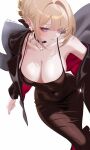  1girl 707arisu artist_name black_choker black_dress black_jacket blonde_hair breasts choker cleavage closed_mouth collarbone covered_navel dress earrings evelyn_chevalier evening_gown highres jacket jewelry large_breasts mole mole_under_eye necklace purple_eyes simple_background single_bare_shoulder solo spaghetti_strap white_background zenless_zone_zero 