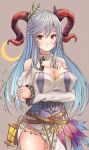  1girl absurdres alternate_costume arm_under_breasts bangs bare_shoulders belt blue_hair blush breasts cleavage commission commissioner_upload crescent_moon curled_horns detached_collar detached_sleeves dress fire_emblem fire_emblem_heroes flower freyja_(fire_emblem) fuussu_(21-kazin) goat_horns hair_ornament halloween highres horns lantern large_breasts large_hat long_dress long_hair looking_at_viewer mature_female moon multicolored_hair multiple_belts non-web_source open_mouth puffy_sleeves red_eyes red_horns side_slit simple_background solo thighs white_dress witch 
