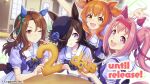  4girls animal_ears arms_up back_bow blue_flower blue_rose bow bowtie breasts brown_hair cherry_blossoms closed_mouth collarbone company_name cookie copyright_notice cygames ear_covers ear_ribbon english_commentary english_text floating_hair flower flower_in_eye flower_ornament food green_bow hachimaki hair_bow hair_flower hair_ornament haru_urara_(umamusume) hat headband heart highres horse_ears horse_girl horse_tail horseshoe_ornament indoors king_halo_(umamusume) long_hair looking_at_viewer mayano_top_gun_(umamusume) medium_breasts mini_hat multicolored_bow multiple_girls official_art one_eye_closed open_hands open_mouth orange_eyes orange_hair pink_eyes pink_hair plaid_clothes plaid_skirt ponytail purple_bow purple_bowtie purple_eyes red_eyes rice_shower_(umamusume) rose sailor_collar school_uniform second-party_source short_sleeves skirt small_breasts smile summer_uniform sweatdrop symbol_in_eye table tail teeth tracen_school_uniform umamusume upper_body upper_teeth_only white_bow white_skirt window 