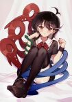  1girl antenna_hair asymmetrical_wings black_dress black_hair black_thighhighs blue_wings bow dress feet frilled_shirt_collar frills full_body highres houjuu_nue iwakoo knees_to_chest medium_hair nue_day panties red_bow red_eyes red_nails red_wings short_dress short_sleeves snake thighhighs touhou underwear white_panties wings wrist_cuffs 