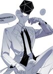  1boy ? absurdres asat_pramad chinese_commentary chinese_text collared_shirt commentary_request gloves hand_up highres honkai:_star_rail honkai_(series) icosahedron jacket male_focus monochrome necktie object_head pants shirt simple_background solo spoken_question_mark translation_request white_background xianyuqihaouki 
