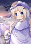  1girl bat_hair_ornament blue_eyes cape floating_hair grey_skirt hair_ornament hat highres kud_wafter kudpoid_(71139) little_busters! long_hair miniskirt noumi_kudryavka open_mouth plaid_clothes plaid_skirt pleated_skirt sitting skirt solo thighhighs watermark white_cape white_hat white_thighhighs 