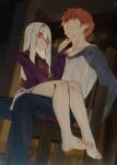  1boy 1girl absurdres arms_behind_back ascot bare_legs barefoot blue_sleeves blush breasts chair deko_morii emiya_shirou fate/stay_night fate_(series) feet highres illyasviel_von_einzbern legs long_hair long_sleeves looking_at_another miniskirt orange_eyes orange_hair purple_shirt raglan_sleeves red_eyes restrained shirt short_hair sidelocks sitting sitting_on_lap sitting_on_person skirt small_breasts smile sweat toes white_hair white_shirt white_skirt 