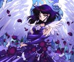  1girl artist_name bare_shoulders bishoujo_senshi_sailor_moon breasts choker circlet collarbone crescent crescent_moon detached_sleeves dress earrings falling_feathers falling_petals feathered_wings feathers flower highres holding holding_flower jewelry looking_at_viewer moon mroczniak_(gloomy_chuu) nail_polish night petals purple_choker purple_dress purple_eyes purple_flower purple_hair purple_nails purple_rose ring rose rose_petals solo tomoe_hotaru white_feathers white_wings wings 