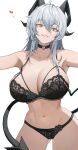  1girl alternate_breast_size bare_shoulders black_bra black_horns black_panties black_tail bra breasts choker collarbone commentary cowboy_shot curled_horns demon_tail earrings grey_hair hair_between_eyes heart heart_choker horns huge_breasts jewelry jiuzaiqianjitian long_hair looking_at_viewer mole mole_on_breast mole_under_eye multicolored_hair navel panties parted_lips red_eyes simple_background smile solo stomach streaked_hair tail underwear underwear_only white_background wuthering_waves zani_(wuthering_waves) 