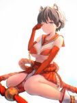  1girl animal_ear_fluff animal_ears black_hair blue_archive breasts cat_ears commentary_request elbow_gloves gloves grey_eyes hair_between_eyes highres nontraditional_miko one_eye_closed partial_commentary pleated_skirt red_gloves red_sailor_collar red_skirt sailor_collar short_hair simple_background skirt solo tassel tem_(tempainting1) tsubaki_(blue_archive) underboob white_background 