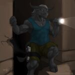  1:1 anthro blue_clothing blue_topwear bottomwear bovid clothed clothing flashlight front_view glistening glistening_eyes green_bottomwear green_clothing green_eyes green_shorts grey_body grey_hair grey_horn gun hair handgun hooves horn laser_(artist) male mammal mouth_closed muscular muscular_anthro muscular_male ranged_weapon shorts solo standing text topwear url weapon 