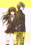  1boy 1girl acaco black_jacket black_socks bow bowtie commentary_request cowboy_shot dated gakuran hand_on_own_hip jacket kneehighs koizumi_itsuki light_smile long_hair looking_back ribbon school_uniform short_hair socks suzumiya_haruhi suzumiya_haruhi_no_yuuutsu yellow_ribbon 