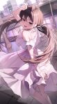  1girl absurdres arm_behind_back arm_up bare_shoulders dress hair_between_eyes hair_ribbon half-closed_eyes highres jewelry long_hair looking_at_viewer open_mouth original outdoors ribbon ring smile solo teeth twintails upper_teeth_only white_dress white_ribbon zzingsa_(daxter123) 