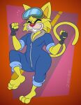 2024 anthro artist_name black_clothing black_fingerless_gloves black_gloves black_handwear blonde_hair blue_clothing blue_coveralls clothed clothing coveralls digital_media_(artwork) domestic_cat eyes_closed eyewear eyewear_on_head fangs felid feline felis fingerless_gloves fur gavanzude gloves goggles goggles_on_head hair handwear hi_res male mammal multicolored_body multicolored_clothing multicolored_fur nintendo pose red_nose sharp_teeth smile solo spitz_(warioware) tail tan_body tan_fur teeth text two_tone_body two_tone_clothing two_tone_fur warioware whiskers yellow_body yellow_ears yellow_fur yellow_tail zipper