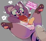 absurd_res anthro anus balls black_markings black_stripes blush blush_lines bodily_fluids circumcised clothing dialogue erection excited fangs feet femboy fur fur_markings genitals grey_penis hands_behind_head heart_eyes heart_symbol hi_res imminent_sex indigo_park kerchief looking_at_genitalia looking_at_penis lying male male/male mammal markings mistakeharvest mostly_nude neckwear nosensebeing on_back open_mouth pawpads penis pink_eyes pink_pawpads pink_penis procyonid purple_body purple_fur raccoon rambley_raccoon simple_background smile soles solo speech_bubble spread_legs spreading striped_markings striped_tail stripes submissive submissive_anthro submissive_male sweat sweatdrop tail tail_markings teeth thick_thighs wide_hips