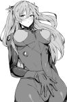  1girl absurdres bangs blush bodysuit breasts closed_mouth greyscale hair_between_eyes hair_ornament highres hotate-chan large_breasts long_hair looking_at_viewer monochrome neon_genesis_evangelion plugsuit simple_background solo souryuu_asuka_langley white_background 