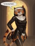 anthro bedroom_eyes belt breasts church clothed clothing dialogue digital_media_(artwork) dreamworks english_text felid female fur hacatiko half-closed_eyes hi_res holding_object holding_whip inside kung_fu_panda latex latex_clothing latex_legwear latex_stockings legwear looking_at_viewer mammal master_tigress narrowed_eyes nun_habit nun_outfit orange_body pantherine religious_clothing seductive smile solo speech_bubble standing stockings stripes tail text tiger topwear whip