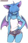anthro anthrofied athletic_wear bangs bat bat_wings big_ears blue_body blue_fur blue_hair bottomwear clothed clothed_female clothing cute_fangs dolphin_shorts fangs female flat_chested fully_clothed fully_clothed_female fur generation_1_pokemon gym_bottomwear gym_shorts hair hair_over_eyes hand_on_hip hi_res hotpants mammal membrane_(anatomy) membranous_wings nintendo pokemon pokemon_(species) pokemorph shirt shorts simple_background solo tank_top teeth topwear white_background wings yorusagi zubat