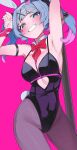  1girl :d absurdres amepa_(ame_pinecandy) animal_ears armpits black_leotard black_pantyhose blue_eyes blue_hair blush breasts clothing_cutout colored_inner_hair commentary detached_collar fake_animal_ears fake_tail grin hair_ornament hairband hatsune_miku heart heart_cutout highres leotard multicolored_hair necktie pantyhose pink_background pink_hair playboy_bunny rabbit_ears rabbit_hole_(vocaloid) rabbit_tail red_necktie smile solo tail teardrop_facial_mark teeth twintails vocaloid white_hairband x_hair_ornament 