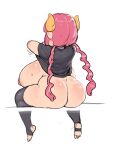  1girl ass black_shirt breasts curled_horns dragon_horns facing_back highres horns huge_ass huge_breasts ilulu_(maidragon) kobayashi-san_chi_no_maidragon long_hair okdudelisten pulling_own_clothes red_hair shirt sitting stirrup_legwear thighhighs toeless_legwear 