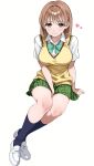  1girl absurdres arai_sayaka arm_support between_legs black_socks bow bowtie breasts brown_eyes brown_hair closed_mouth collared_shirt commentary_request commission full_body green_bow green_bowtie green_skirt hair_ornament hairclip hand_between_legs heart highres kasumi_6 large_breasts loafers pixiv_commission pleated_skirt school_uniform shirt shoes short_hair sitting skirt smile socks solo sweater_vest to_love-ru white_shirt white_shoes yellow_sweater_vest 