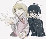  1boy 1girl ^_^ ahoge akamatsu_kaede backpack bag black_hair black_jacket blonde_hair blush breast_pocket breasts buckle buttons closed_eyes collared_jacket collared_shirt commentary crest cropped_legs danganronpa_(series) danganronpa_v3:_killing_harmony dot_nose double-breasted fingernails floating_hair flustered flying_sweatdrops frown furrowed_brow grey_background grey_skirt hair_between_eyes hair_ornament happy high_collar holding_hands interlocked_fingers jacket layered_sleeves light_blush long_eyelashes long_hair long_sleeves musical_note musical_note_hair_ornament musical_note_print necktie notice_lines open_mouth orange_necktie pink_vest pinstripe_jacket pinstripe_pattern pleated_skirt pocket saihara_shuichi shirt short_hair simple_background skirt smile sweatdrop symbol-only_commentary teeth upper_teeth_only v v-neck vest white_bag white_shirt yasaijui 
