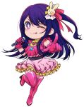  1girl ;p blush boots bright_pupils chibi chibi_only closed_mouth dress eyelashes floating_hair gloves hair_between_eyes hair_ornament hair_ribbon hands_up high_heel_boots high_heels holding holding_microphone hoshino_ai idol idol_clothes index_finger_raised knees_together_feet_apart long_hair looking_at_viewer microphone one_eye_closed one_side_up oshi_no_ko petticoat pink_boots pink_dress pink_gloves pointing pointing_at_viewer purple_eyes purple_hair rabbit_hair_ornament red_ribbon ribbon short_dress simple_background smile solo split_mouth standing standing_on_one_leg star-shaped_pupils star_(symbol) sukiyaki_(sukiyaki-jp) symbol-shaped_pupils tareme thigh_boots tongue tongue_out transparent_background v-shaped_eyebrows white_pupils zettai_ryouiki 