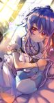  1girl absurdres bed_sheet blue_hair braid bug butterfly closed_mouth crown_braid dress hair_ribbon highres inari_(summer_pockets) indoors long_hair looking_at_viewer lying on_side red_eyes red_ribbon ribbon short_sleeves smile sorakado_ao summer_pockets takedan white_dress 