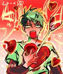  1boy alien_stage arrow_through_heart blank_eyes blush candy choker clutching_chest commentary crying emoticon food gradient_background heart highres kaomoji layered_shirt layered_sleeves long_sleeves male_focus open_mouth red_background red_shirt red_sleeves shirt short_over_long_sleeves short_sleeves solo spanish_commentary star_(symbol) streaming_tears sunashia tears till_(alien_stage) upper_body white_background white_choker white_shirt 